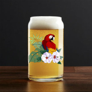 Red Macaw Tropical Bird Floral Parrot Can Glass