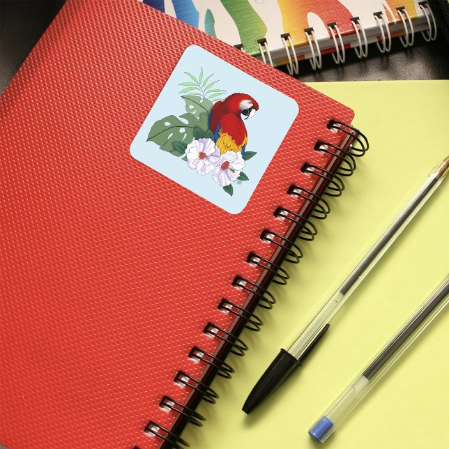 Red Macaw Tropical Bird Floral Parrot Square Sticker (Creator Uploaded)
