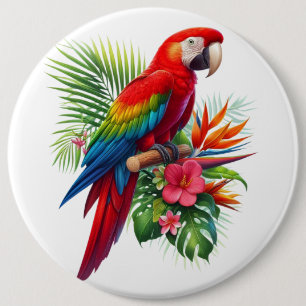 Red macaw tropical floral 6 cm round badge