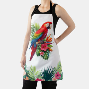 Red macaw tropical floral apron