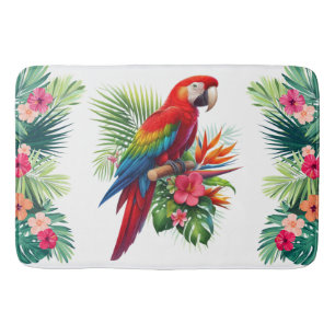 Red macaw tropical floral bath mat
