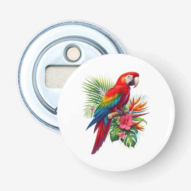 Red macaw tropical floral bottle opener (Front)