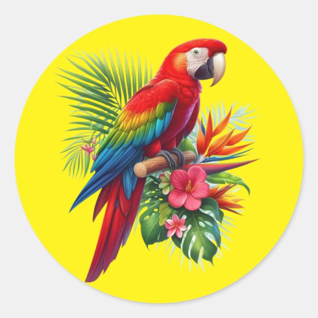 Red macaw tropical floral classic round sticker (Front)
