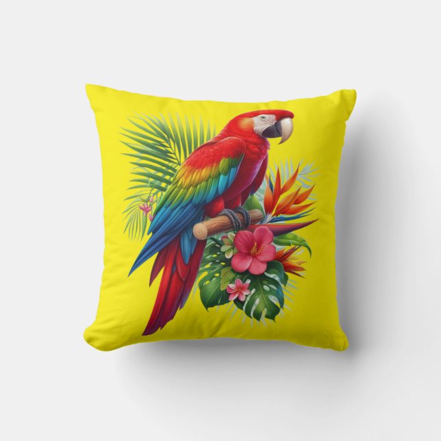 Red macaw tropical floral cushion (Front)