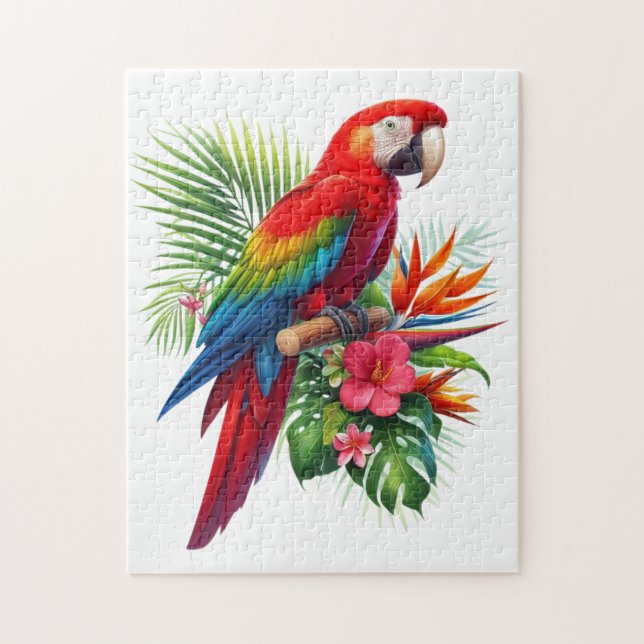 Red macaw tropical floral jigsaw puzzle (Vertical)