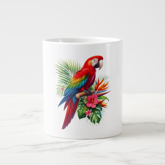 Red macaw tropical floral large coffee mug (Front)
