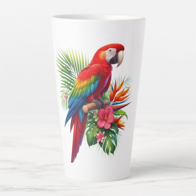 Red macaw tropical floral latte mug (Front)