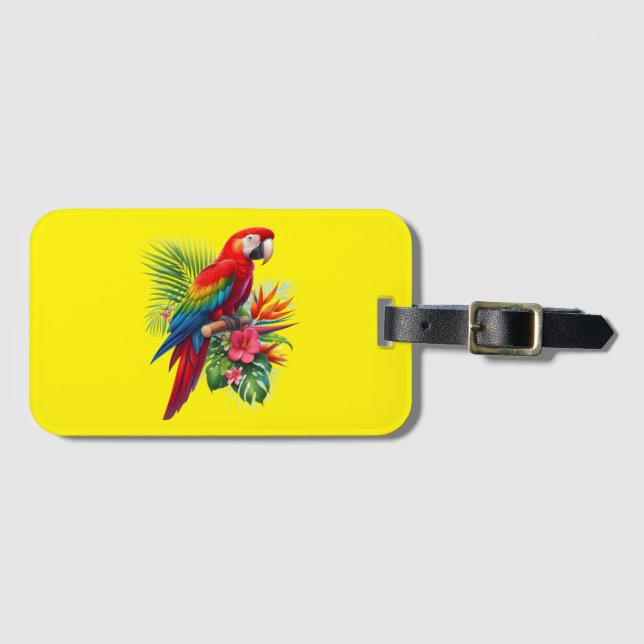 Red macaw tropical floral luggage tag (Front Horizontal)