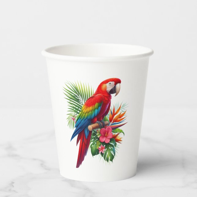 Red macaw tropical floral paper cups (Front)