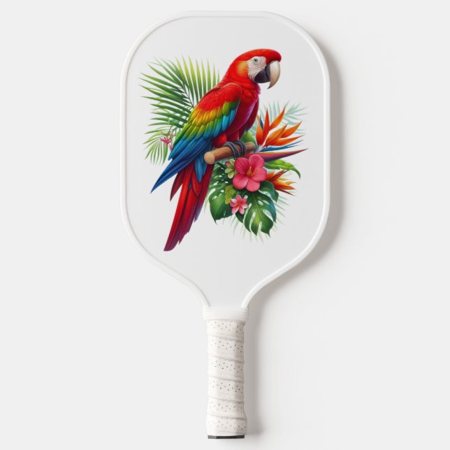 Red macaw tropical floral pickleball paddle (Front)