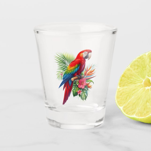 Red macaw tropical floral shot glass (Front)