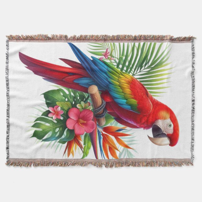Red macaw tropical floral throw blanket (Front)