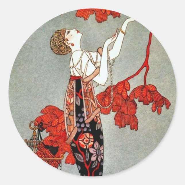 Red Madame Art Deco Design Classic Round Sticker (Front)