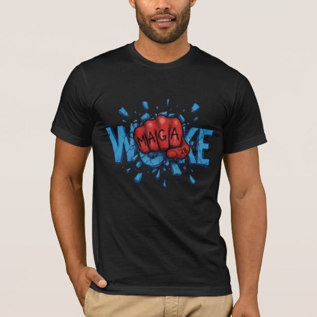 RED MAGA 28 FIST PUNCHES THROUGH WOKE T-Shirt (Front)