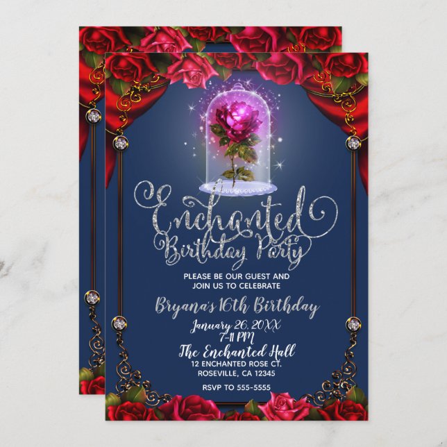 Red Magical Enchanted Red Rose Beauty Sweet 16 Invitation (Front/Back)