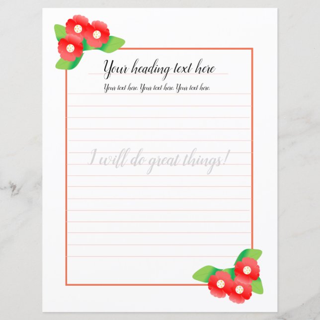 Red Magnolia Floral Lined Writing Paper (Front)
