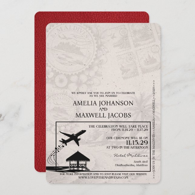 Red Maldives Passport Wedding Invitation (Front/Back)