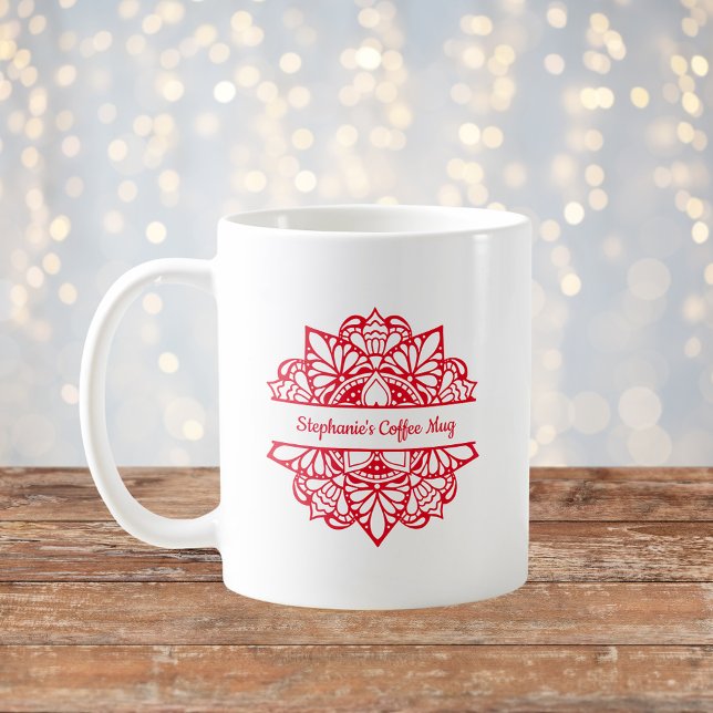 Red Mandala Art Personalised Name Coffee Mug (Creator Uploaded)