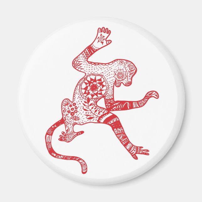 Red Mandala Fire Monkey Round Magnet (Front)