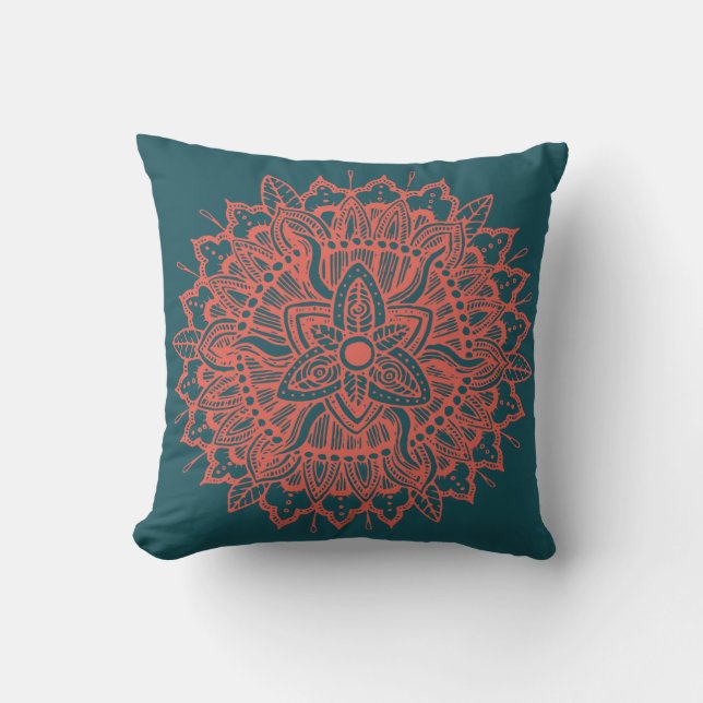 Red Mandala Ornament Throw Pillow (Front)