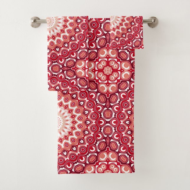 Red Mandala Pattern in Fiery Gradient Bath Towel Set (Insitu)