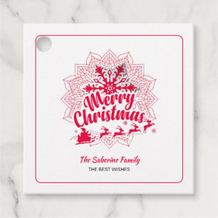Red Mandala Snowflake & Santa Sleigh Christmas Favour Tags