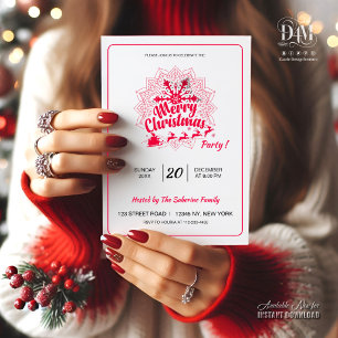 Red Mandala Snowflake & Santa Sleigh Christmas Invitation