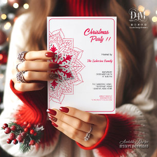 Red Mandala Snowflake & Santa Sleigh Christmas Invitation