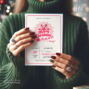 Red Mandala Snowflake & Santa Sleigh Christmas Invitation