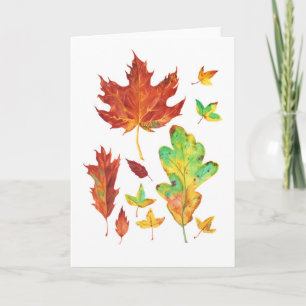 Red Maple and Golden Oak Leaves Autumn Watercolor Card