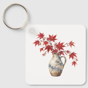 Red Maple Leaves in a Ceramic Jug Key Ring