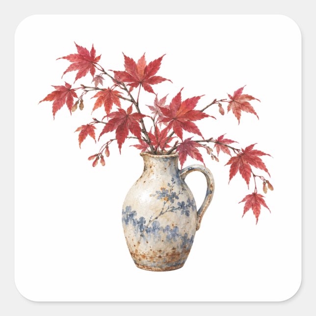 Red Maple Leaves in a Jug Square Sticker (Front)