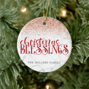 Red Marble Christmas Blessings Glitter Personalise Ceramic Tree Decoration