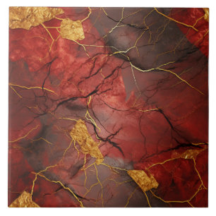 Red Marble Effect with Golden Accents Tile