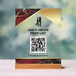 Red Marble Hair Makeup Salon QR Code Price List Acrylic Sign