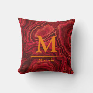 Red Marble orange Monogram and Name personalised Cushion