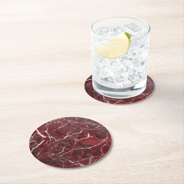 Red Marble Pattern Round Paper Coaster (Insitu)