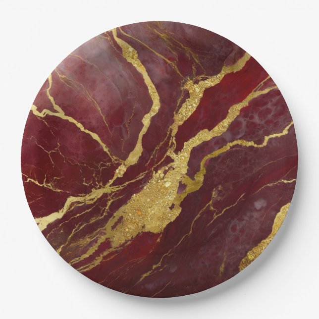 Red Marble Pattern with Gold Paper Plate (Front)