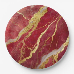 Red Marble Pattern with Gold Paper Plate