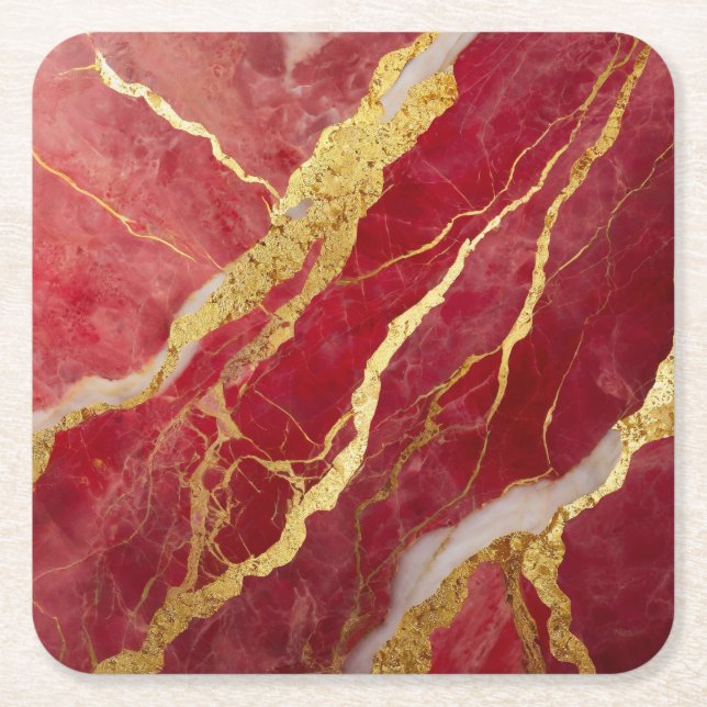 Red Marble Pattern with Gold Square Paper Coaster (Front)
