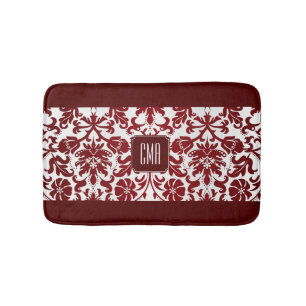 Red Maroon and White Damask Pattern Bath Mat