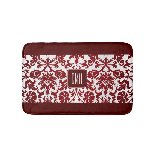 Red Maroon and White Damask Pattern Bath Mat (Front)