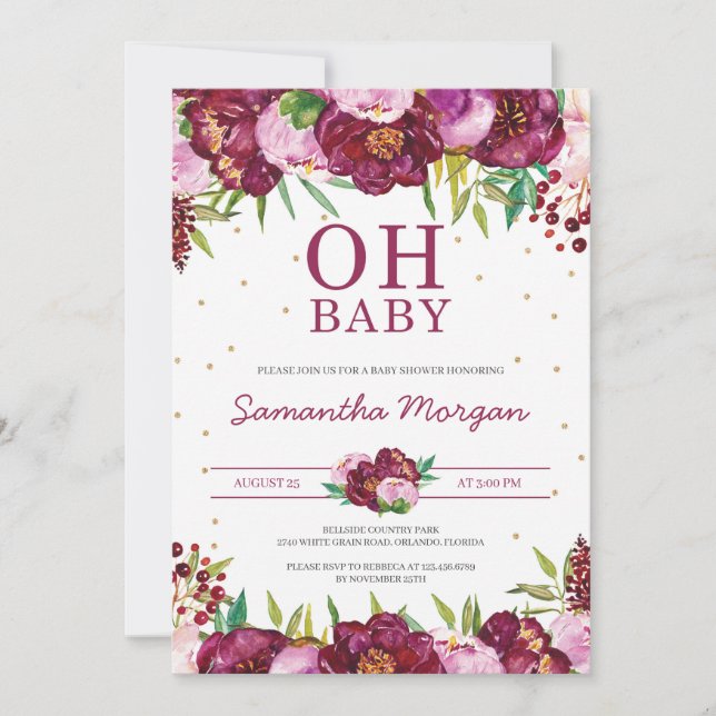 Red maroon blush pink floral girl oh baby shower invitation (Front)