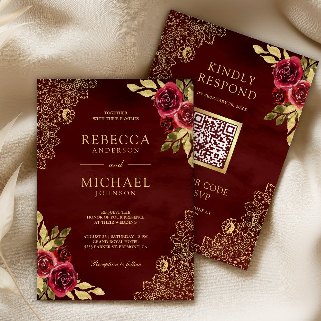 Red Maroon Floral Gold Lace QR Code Wedding Invitation (Creator Uploaded)