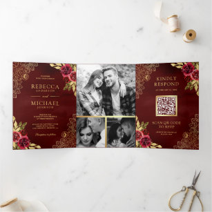 Red Maroon Floral Gold Lace QR Code Wedding Tri-Fold Invitation