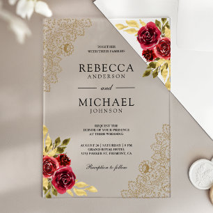 Red Maroon Floral Gold Lace Wedding Acrylic Invitations