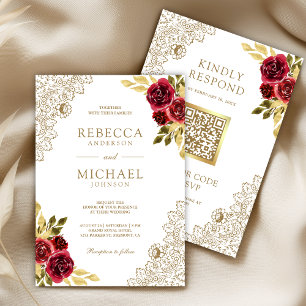 Red Maroon Floral Lace White QR Code Wedding Invitation
