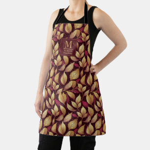 Red Maroon Gold Glitter Autumn Leaves Pattern Apron