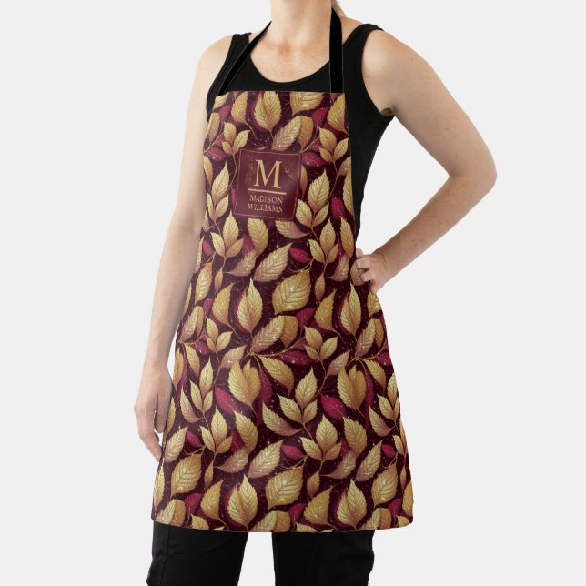 Red Maroon Gold Glitter Autumn Leaves Pattern Apron (Insitu)