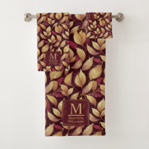 Red Maroon Gold Glitter Autumn Leaves Pattern Bath Towel Set